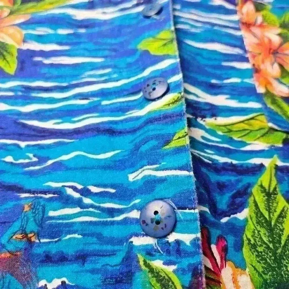 Vintage Beverly Hills Blues Floral Hawaiian Button Up Shirt Size Medium USA Made - Picture 6 of 8